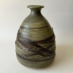 Large Studio Art Pottery Vase Signed Textured Incised Organic Rustic Green